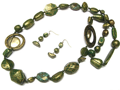 Multi shape patina beads and hoop long  necklace and earring set - hoops