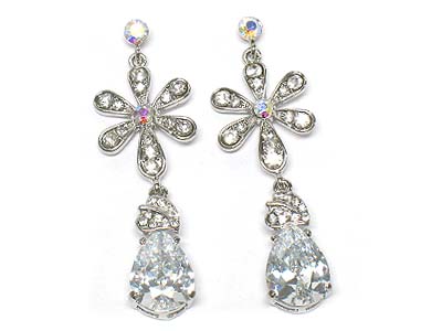 Crystal flower and cubic tear drop earring