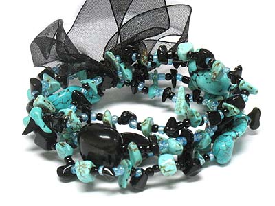 Multi turquoise and natural chip stones with ribbon bracelet