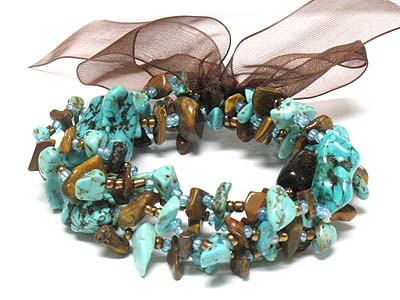 Multi turquoise and natural chip stones with ribbon bracelet