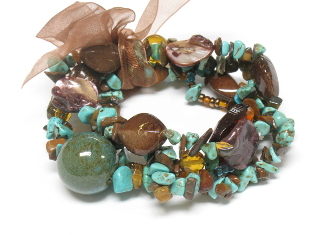 Ceramic beads and chip stones with ribbon stretch bracelet