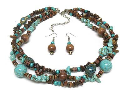 Multi strand ceramic and natural chip stone deco necklace and earring set 