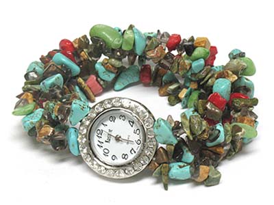 Crystal side deco face turquoise and natural stone stretch bracelet watch