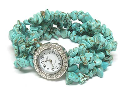 Crystal side deco face turquoise stone stretch bracelet watch