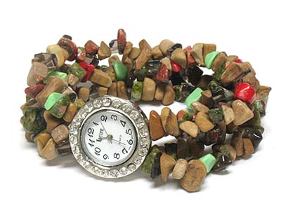 Crystal side deco face natural stone stretch bracelet watch