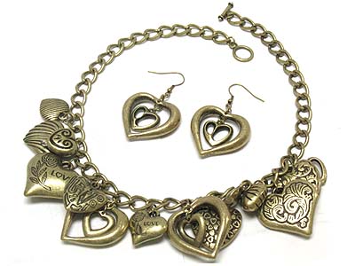 Multi metal casting heart charm toggle necklace and earring set 