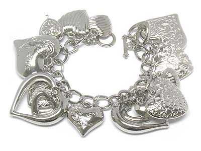 Multi metal casting heart charms toggle bracelet 