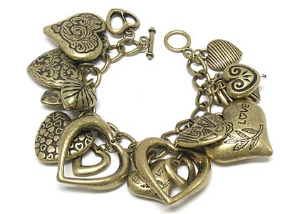 Multi metal casting heart charms toggle bracelet 