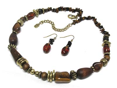 Multi shape wood bead and natural stone deco metal deco necklace and earring set 