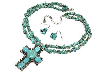 Turquoise stone deco cross pendant double chipstone deco strands necklace and earring set