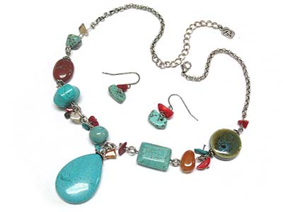 Turquoise oval pendant and multi shape stone necklace and earring set