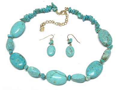 Multi turquoise oval stone and chip stone deco necklace and earring set 