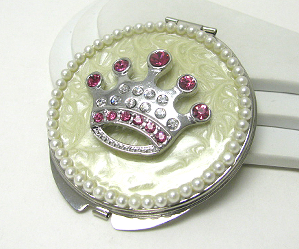 Crystal and pearl deco crown compact mirror