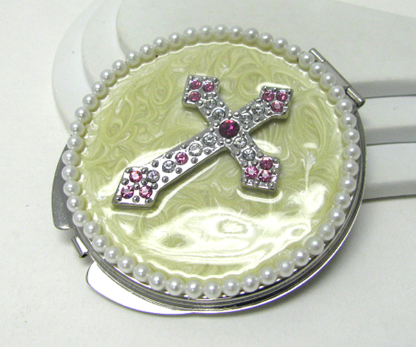 Crystal and pearl deco cross compact mirror