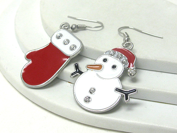 Crystal and epoxy mitten and snow man earring