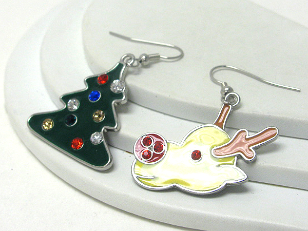 Crystal and epoxy christmas tree and rudolf earring