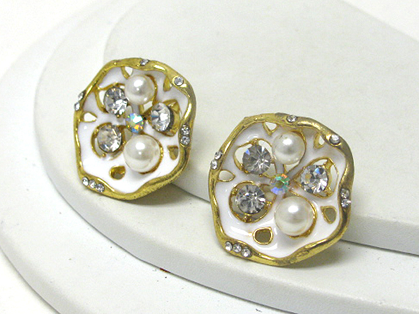 Crystal and white epoxy natural disk shape earring