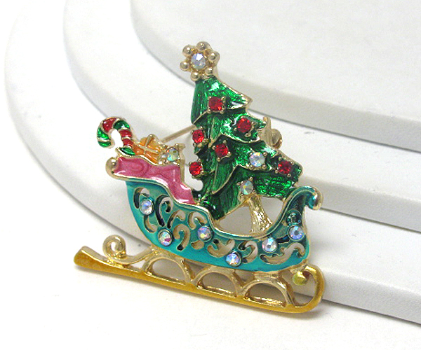 Crystal and epoxy christmas sleigh and tree brooch