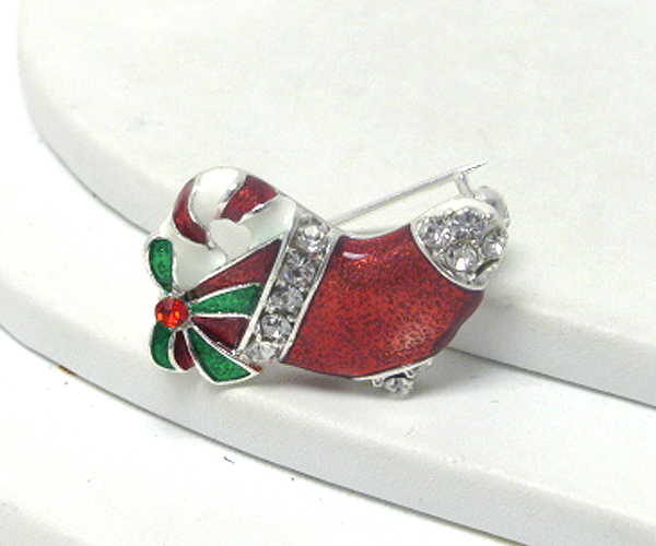 Crystal and epoxy christmas gift in red sock brooch