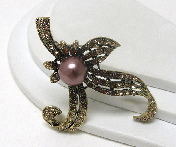 Crystal stud and center pearl deco brooch