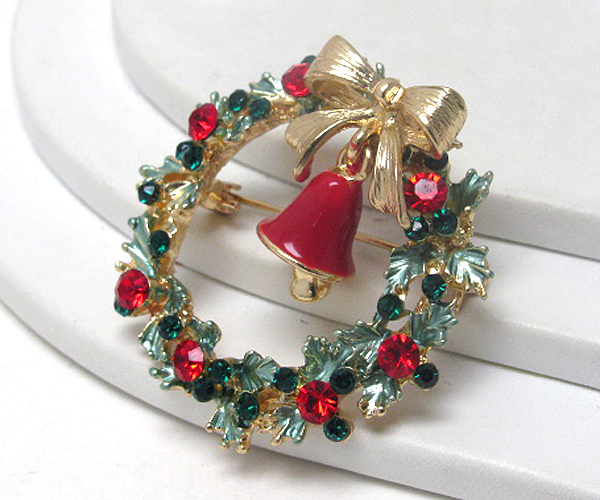 Crystal and epoxy christmas pine wreath and bell brooch