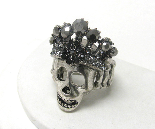 Crystal deco skull and crown stretch ring