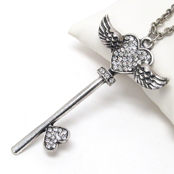 Crystal stud heart and angel wing key pendant long necklace