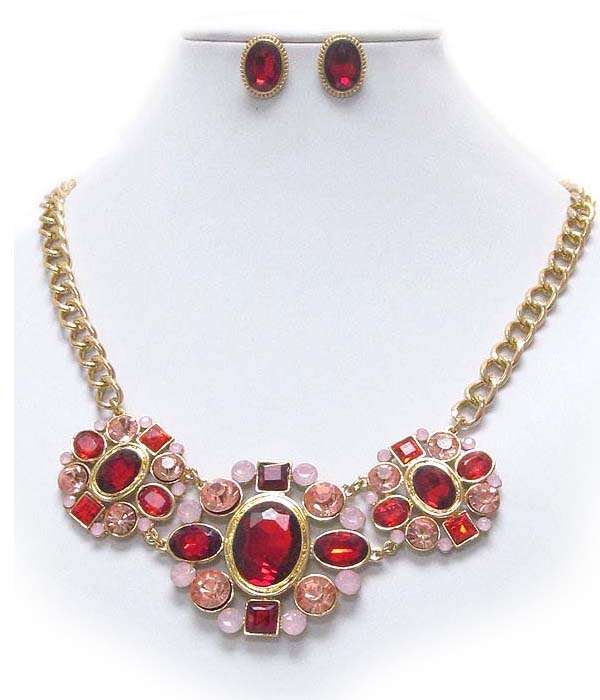 Multi crystal and facet glass deco flower link boutique style necklace earring set