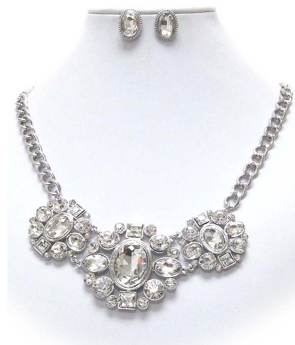 Multi crystal and facet glass deco flower link boutique style necklace earring set