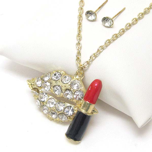 Crystal and epoxy deco lip and lip stick pendant necklace earring set