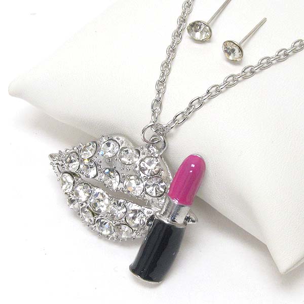 Crystal and epoxy deco lip and lip stick pendant necklace earring set