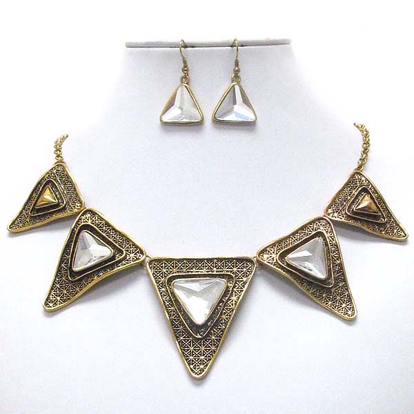 Facet glass and textured triangle metal link tribal necklace earring set