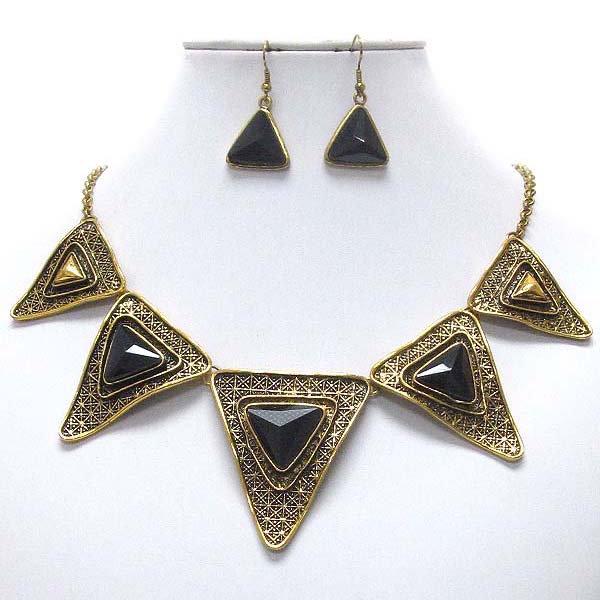 Facet glass and textured triangle metal link tribal necklace earring set