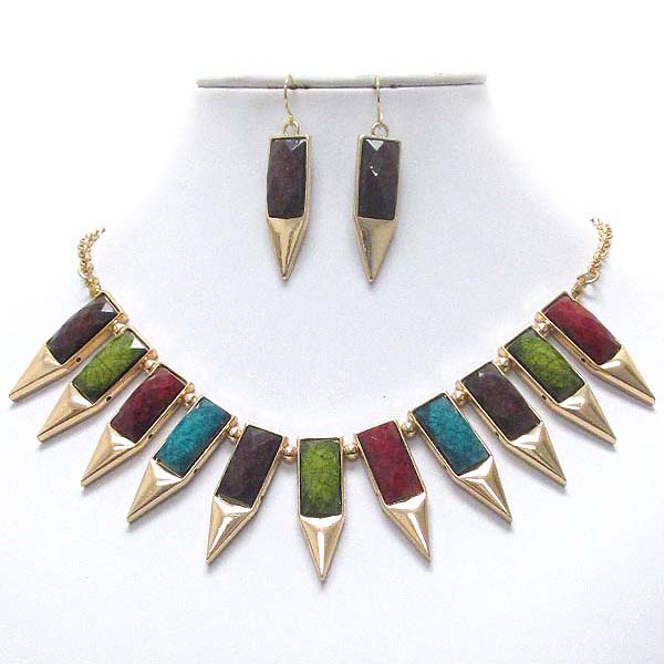 Facet acrylic stone and spike mix link necklace earring set