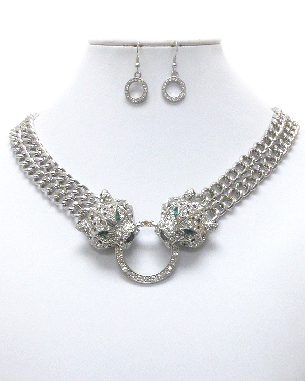 Crystal deco double leopard chain necklace earring set