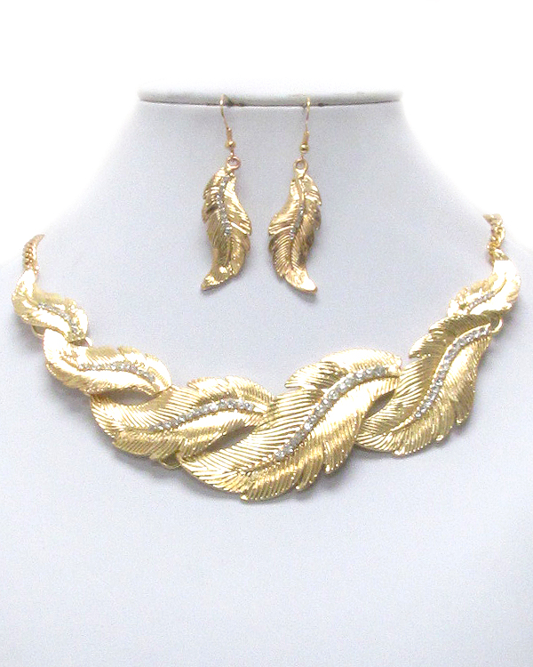 Crystal deco metal feather link necklace earring set