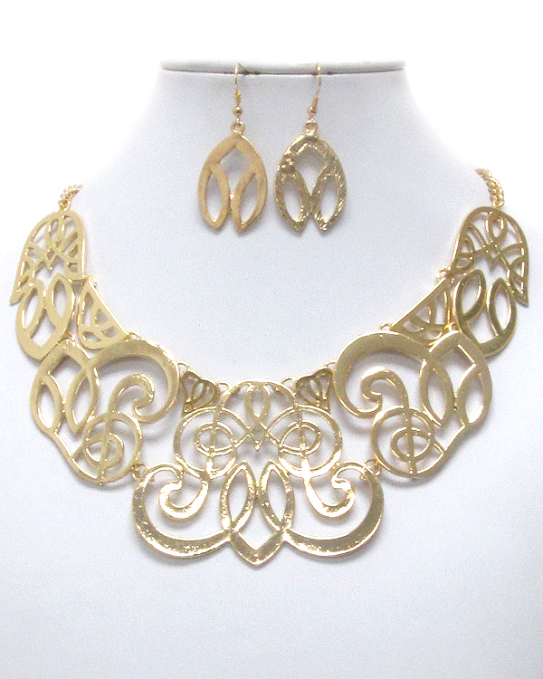 Metal filigree artistic pattern link necklace earring set