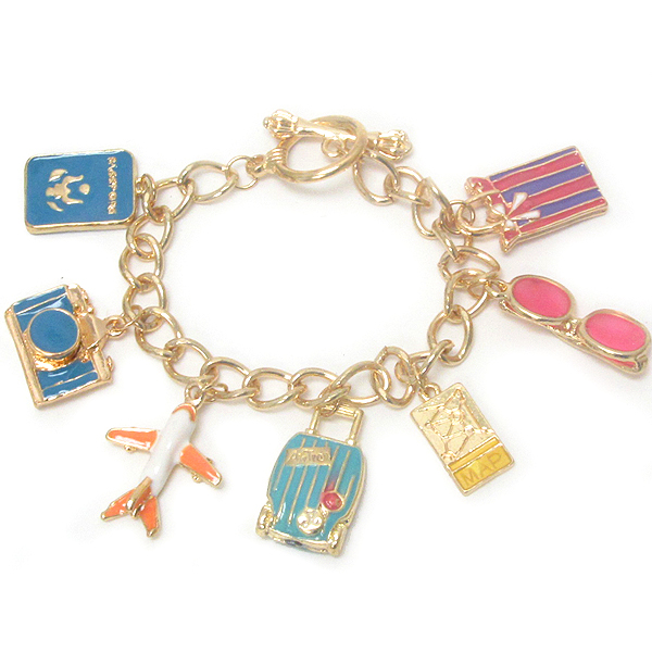 Epoxy deco travel theme multi charm dangle toggle bracelet