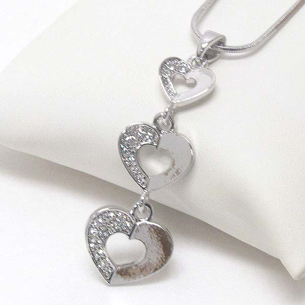 Made in korea whitegold plating crystal deco triple heart drop necklace