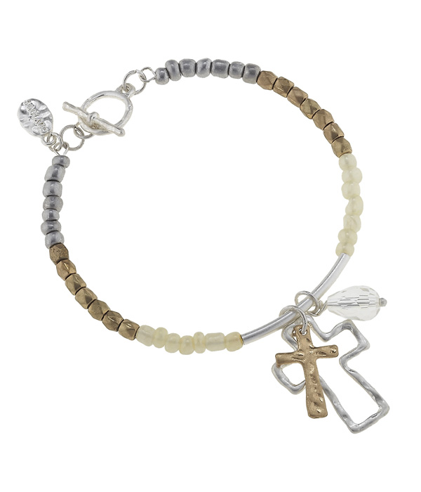 Handmade double cross charm and bead toggle bracelet