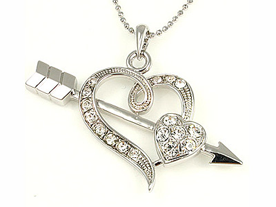 Made in korea whitegold plating crystal heart and arrow necklace