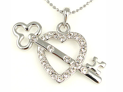 Made in korea whitegold plating crystal heart and key necklace