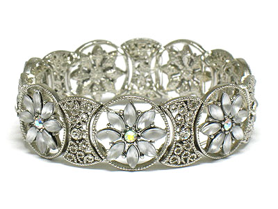 Antique look metal and glass and crystal flower deco double stretch bracelet