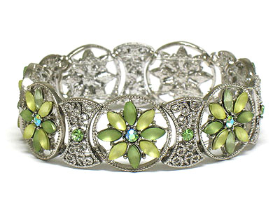 Antique look metal and glass and crystal flower deco double stretch bracelet