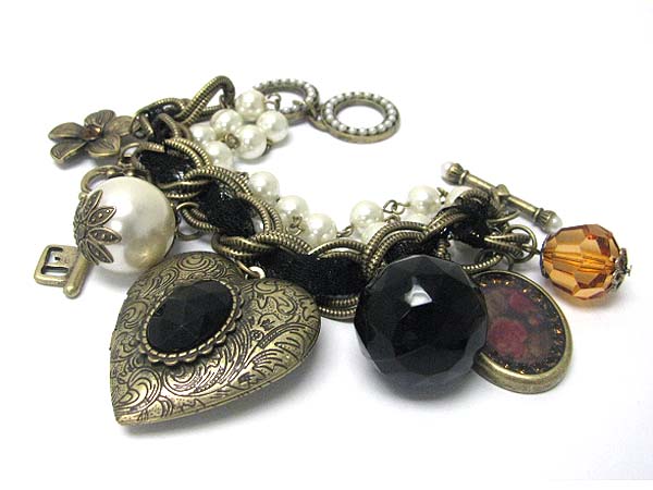 Retro vintage mixed antique metal charm and facet glass ball dangle pearl and multi chain link bracelet