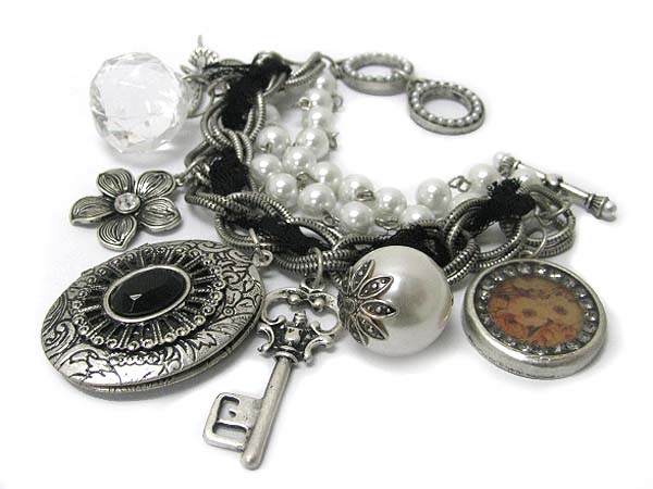 Retro vintage mixed antique metal charm and metal art locket dangle pearl and multi chain link bracelet