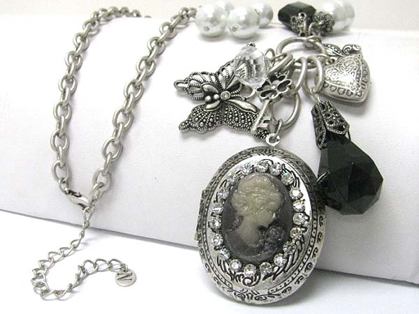 Crystal deco cameo locket and mixed antique charm dangle long chain necklace earring set