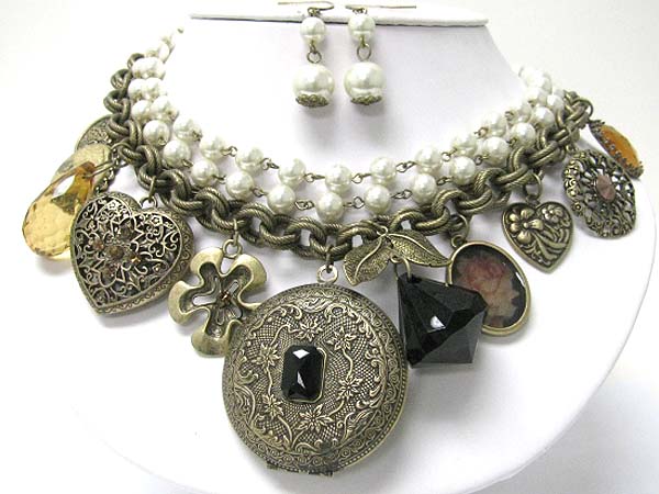 Metal filigree round locket and mixed antique metal charm dangle pearl and multi chain necklace earring set