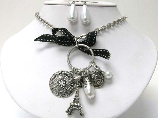 Crystal deco eifel tower and mixed charm with ribbon necklace earring set