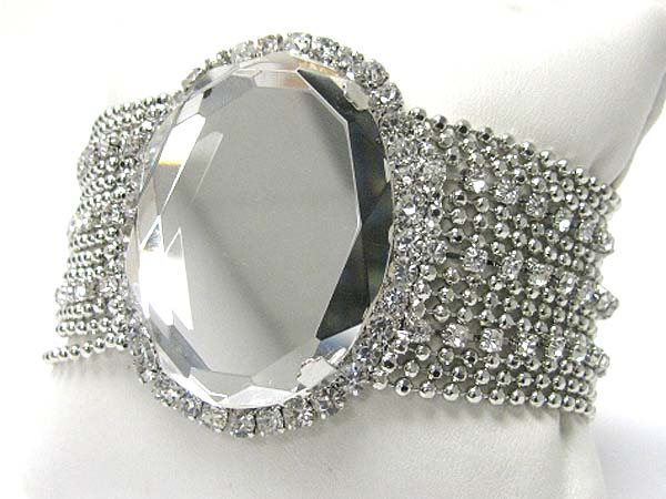 Crystal deco facet metallic oval mirror stone and chain link bracelet